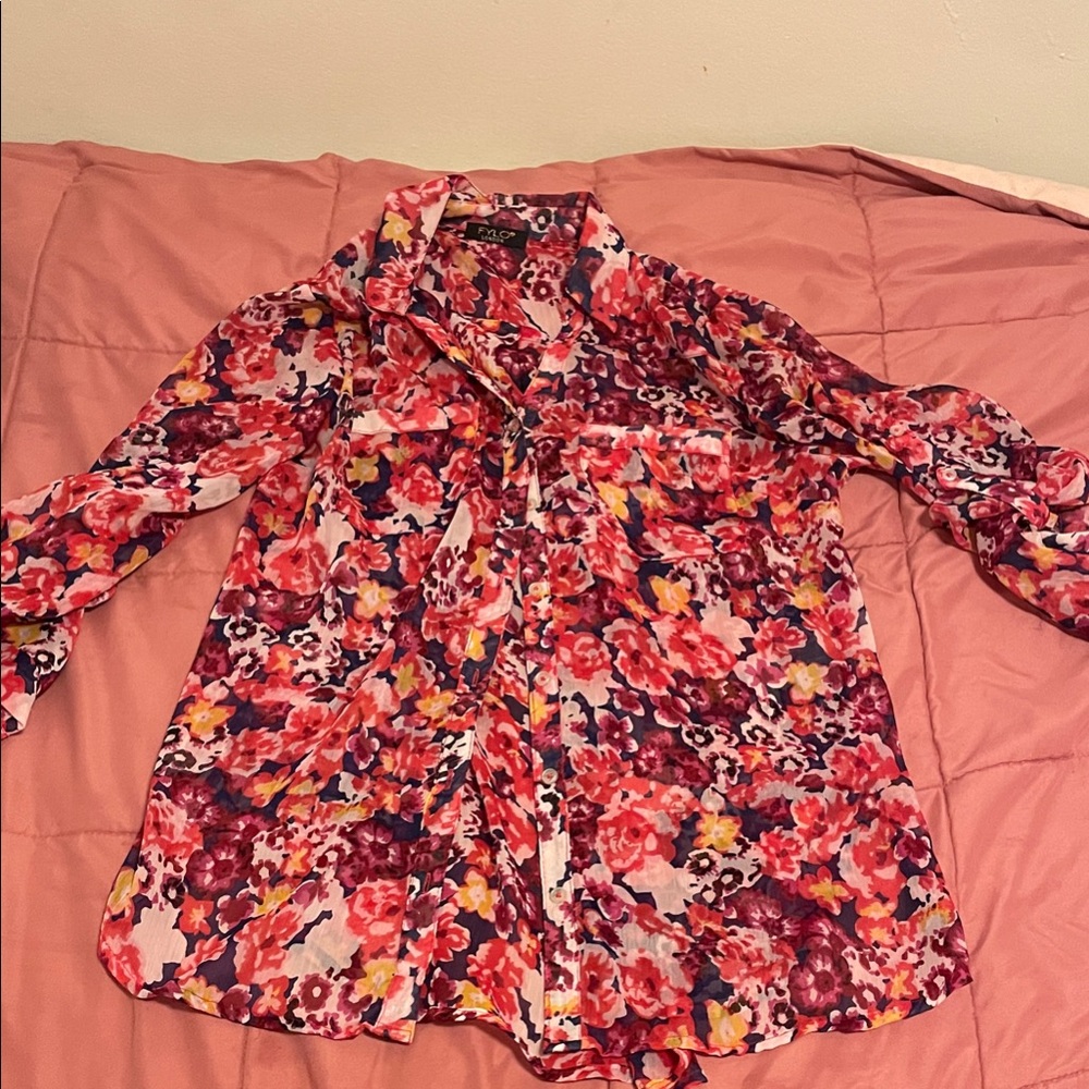 Vibrant Floral Blouse with Pink and Red Accents